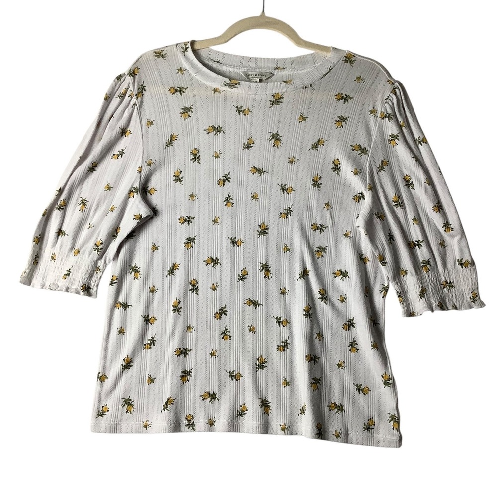 Lucky Brand Women White Floral Pointelle Puff Sleeve Knit Top Blouse Large